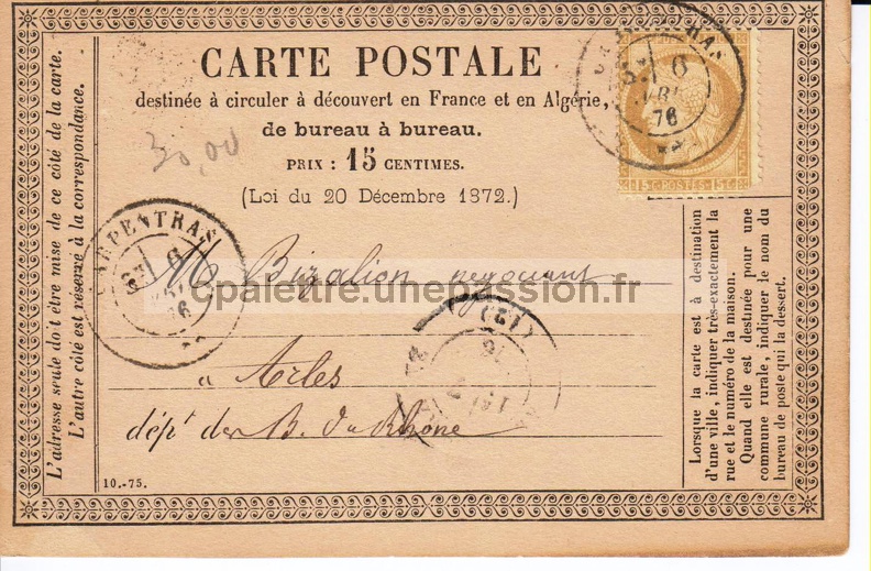 Agrandir Cartes postales pionnières (3) Carpentras face1 1876