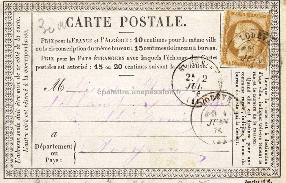 Agrandir Cartes postales pionnières(2) 1876 facea